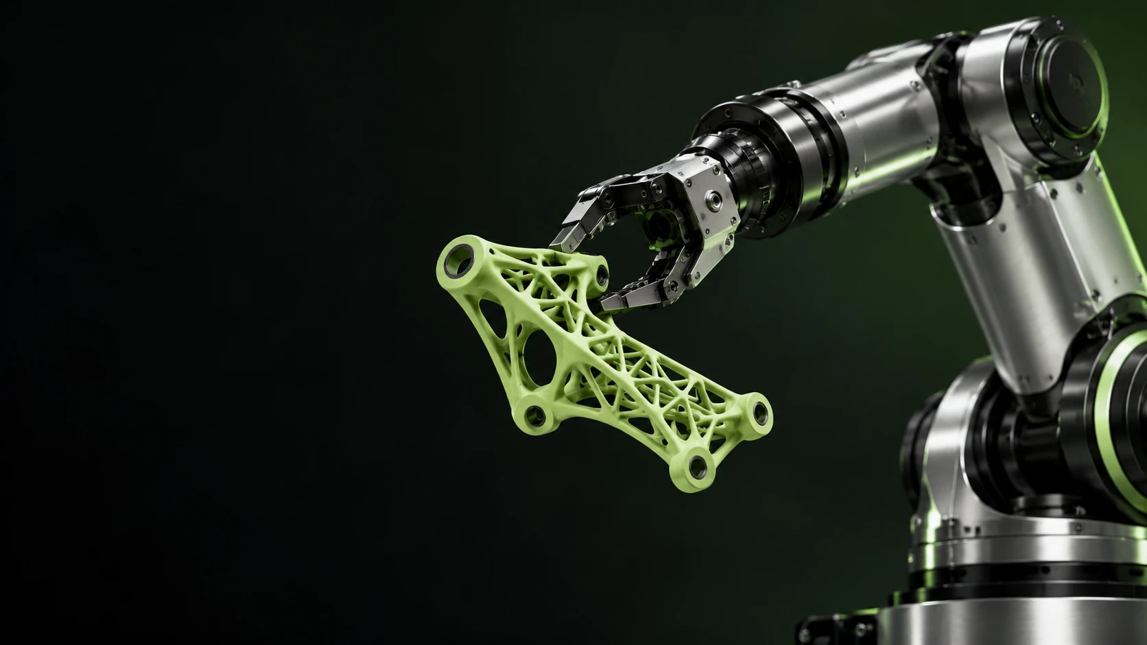 Concept illustration of a precision robotic arm holding a 3D-printed lattice component